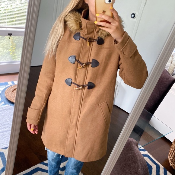 🍂 CHIC TAN FAUX FUR WOOL BLEND HOODED WINTER JACKET! - Picture 5 of 16